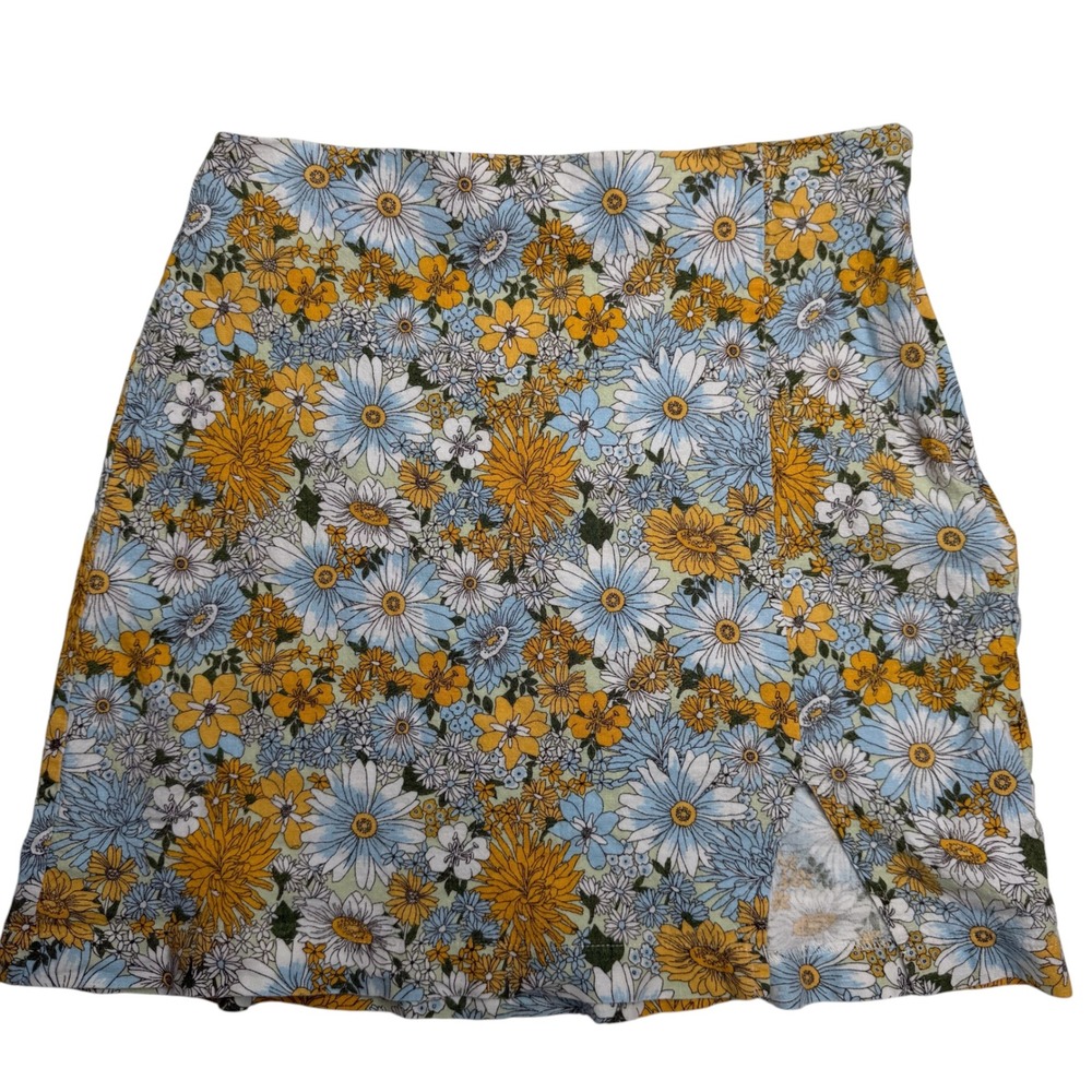 Urban Outfitters Women Blue Yellow Floral Linen Blend Mini Skirt Side Slit XS